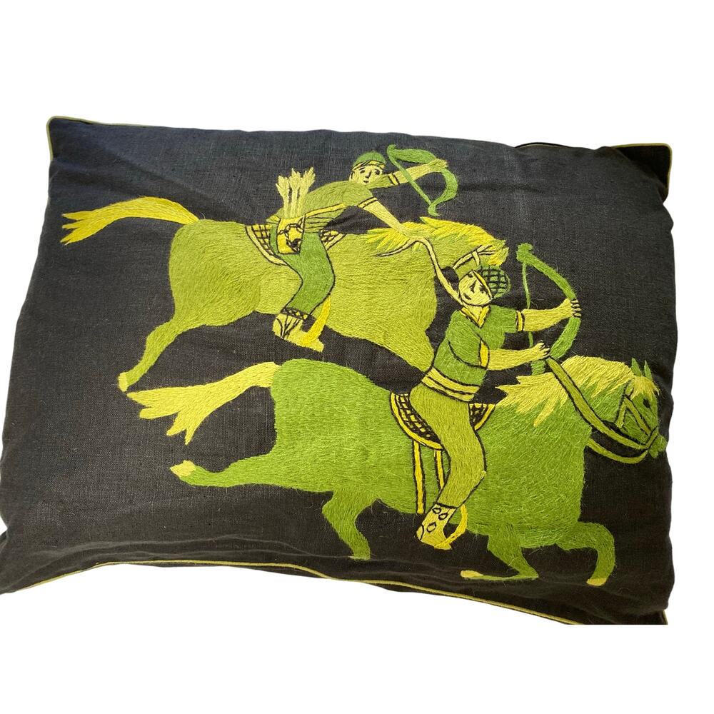 Vintage Black linen Pillow Green Embroidered Warriors,‎ Green Trim. Folk Art